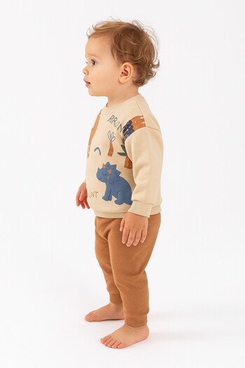 dinamik çocuk Baby Boy 3-Piece Ribbed Dino Printed Jurassic Park Winter 2-Piece Tracksuit Set 100% Cotton 6-24 Months