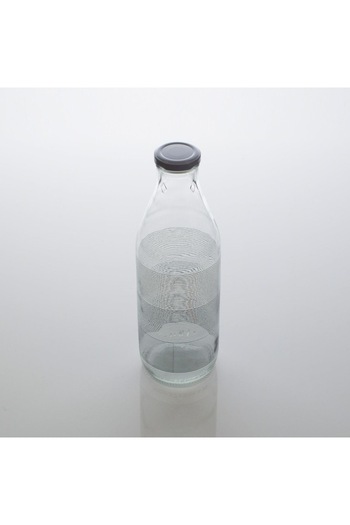 SHOPIENS Water bottle Shopiens® made of transparent glass with gray white stripes and metal screw cap, 1 L