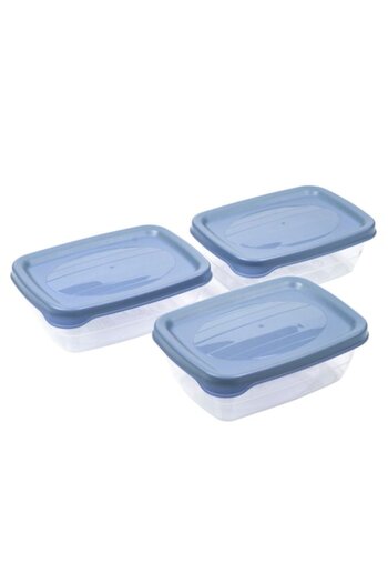 SHOPIENS Set 3 caserole pentru alimente Shopiens®, din plastic transparent cu capac bleu, 300 ml