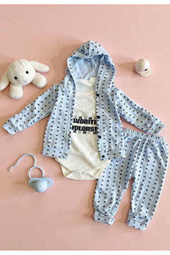 Tuabella 100% Cotton 3-Piece Baby Boy Set (Snap Fastener Bodysuit + Cardigan + Bottoms)