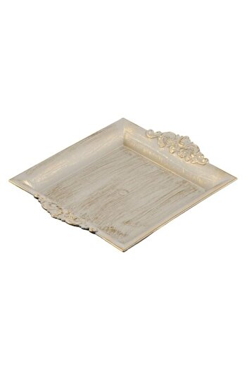 SHOPIENS Platou Decorativ Patrat Plastic Bej Auriu Brushed cu Design Sculptat 23x19.5x2.5cm