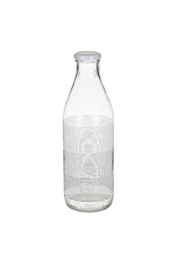 SHOPIENS Water bottle Shopiens® made of transparent glass with gray white stripes and metal screw cap, 1 L