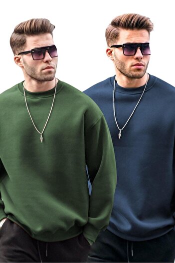 Madmext Khaki/Navy Blue Crew Neck Oversize Ribbed Basic Men's 2-Pack Sweatshirt E7447