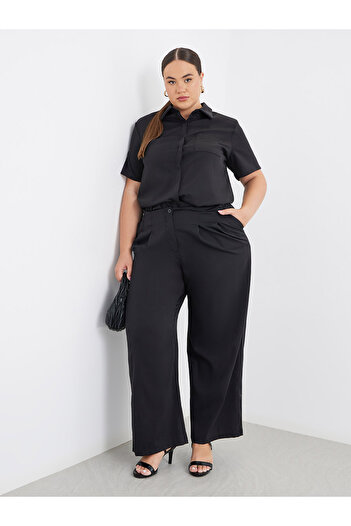 Styli Plus Size Black Solid Shirt and Wide Leg Pants Co-Ords