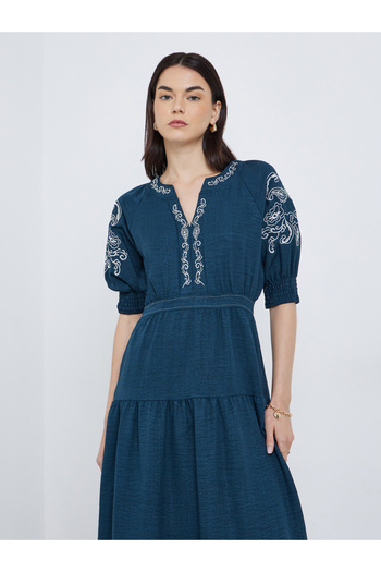 Take Two By Styli Embroidered Puff Sleeve Tiered Midi Dress