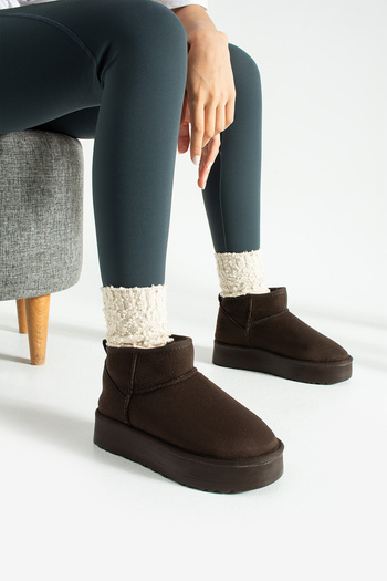 BOUIS Women's Brown Suede Fur Lined Casual Boots Thick Sole Ankle Short Warm Comfortable Stylish Bootie