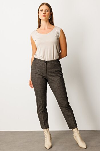 Ekol Elastic Waist Herringbone Patterned Trousers Brown