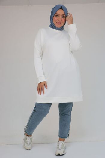 Eslina 58142 Plus Size Modal Tunic with Cuffed Sleeves - Ecru
