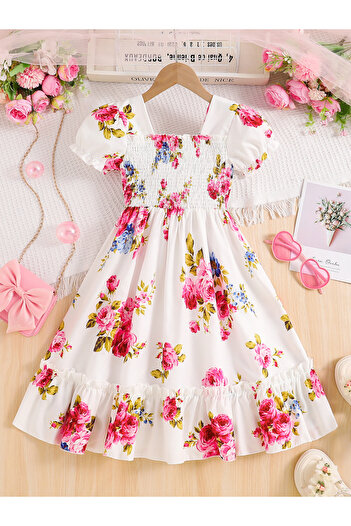 Take Two By Styli Girls White Floral Print Puff Sleeve Dress
