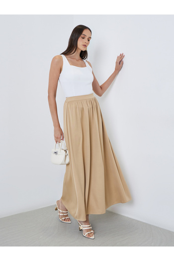Styli Solid Pleated Detail A-Line Maxi Skirt