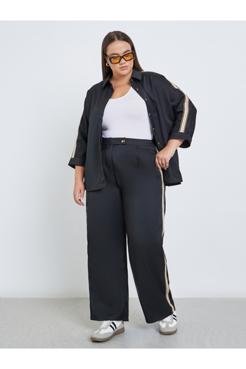 Styli Plus Black Straight Fit Trousers with Side Tape