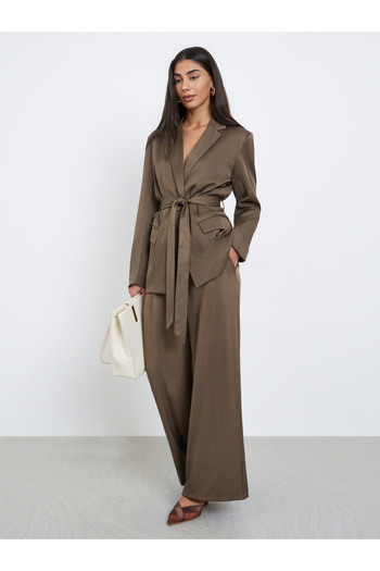 Styli Brown Wide Leg Fold Pleated Pants
