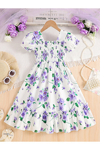 Take Two By Styli Girls White Floral Print Puff Sleeve Dress