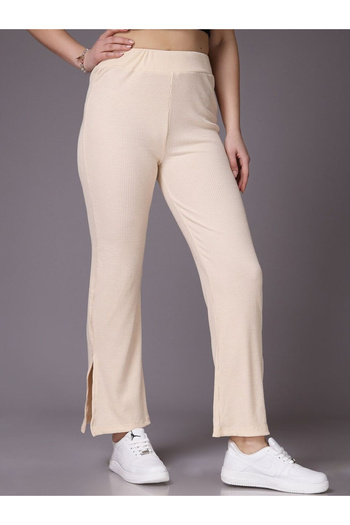 Freehand By Styli Women Cream Ribbed Solid Trousers