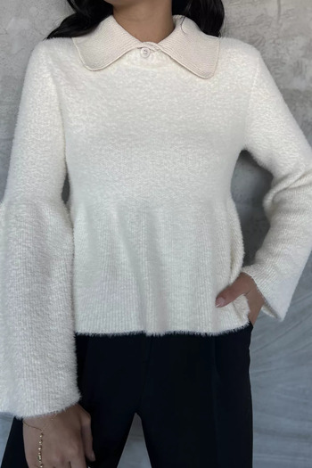 julude Cream Shirt Collar Ribbed Knit Blouse (Available in Sizes S, M, L, XL)