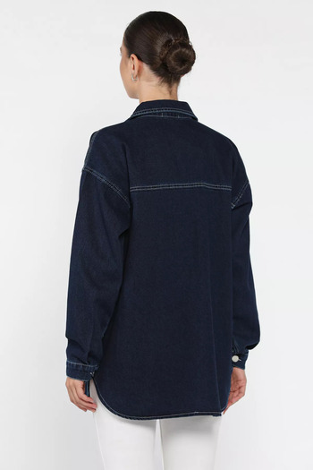 julude Navy Blue Women's Star Figured Double Pocket Jean Denim Jacket