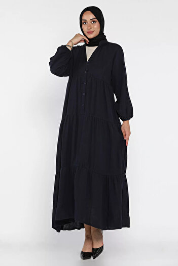 julude Navy Blue Front Buttoned Seasonal Hijab Dress