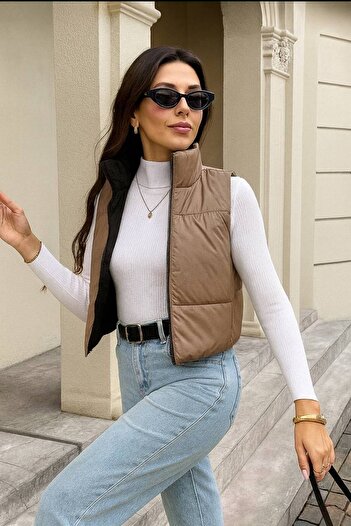 Varyete Double-Sided Wearable Zippered Sleeveless Pocketed Inflatable Crop Women's Coat Vest