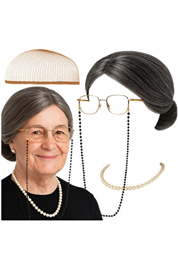zola 4-piece granny halloween set, gray wig, glasses, necklace, beads