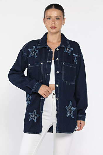 julude Navy Blue Women's Star Figured Double Pocket Jean Denim Jacket
