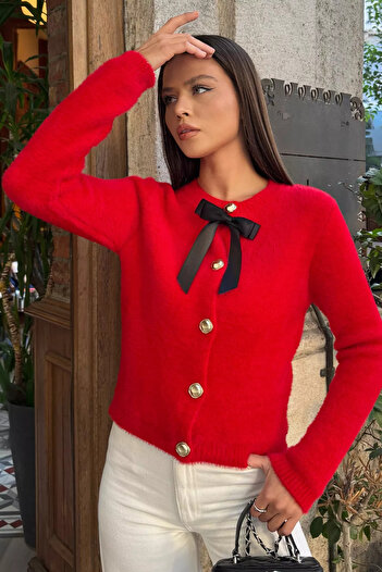 julude Red Front Bow Bearded Knitwear Jacket (Available in S, M, L)