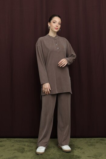 Puane Women's High Neck Dress with Slit Edges and Button Detail, Soft Textured Double Set