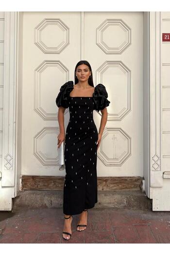 Modafeminen Square Neck Maxi Length Black Dress with Stone Detail 583299