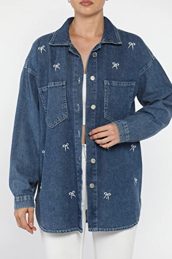 julude Navy Blue Women's Embroidered Detailed Stone Embellished Double Pocket Jean Denim Jacket