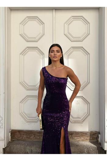SELİN MODA EVİ Trend Velvet Slit Dress Purple 583150
