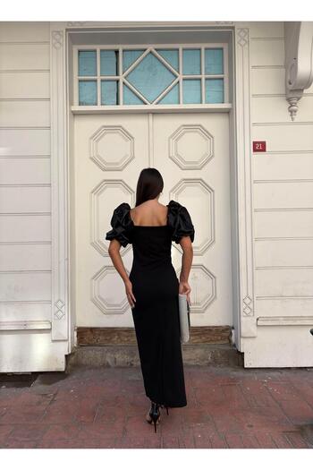 Modafeminen Square Neck Maxi Length Black Dress with Stone Detail 583299