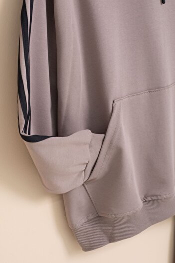 Cansın Mini Brown Stripe Detailed Text Printed Hooded Boys' Tracksuit Set 21452