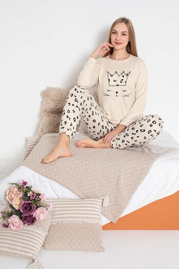 GUAVA+ Cream Color Printed Women's Thermal Long Sleeve Pjamas Suit