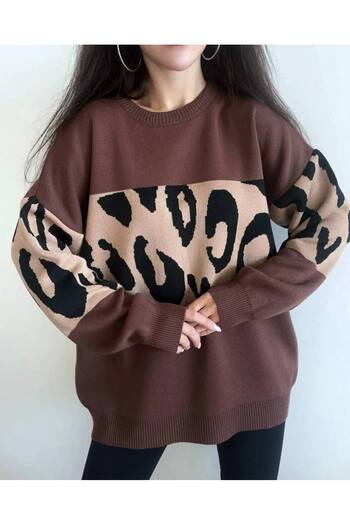 moda paketi Oversize Leopard Pattern Striped Knitwear Women's Sweater