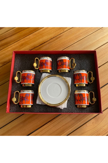 Karma Home 6-Person Modern Double Horse Pattern Orange Porcelain Coffee Cup Set - Stylish Presentation Set with Gold Detail