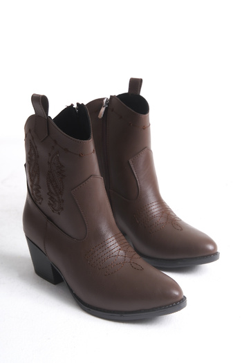 Bak Store Acı Çikolata Nakışlı Fermuarlı Western Kadın Kovboy Bot