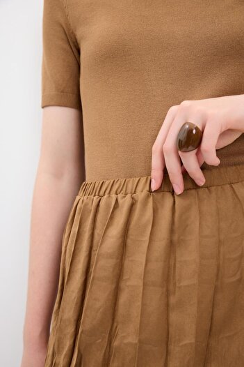 KADRİYE BAŞTÜRK Wrinkled Look Long Suede Skirt Tan