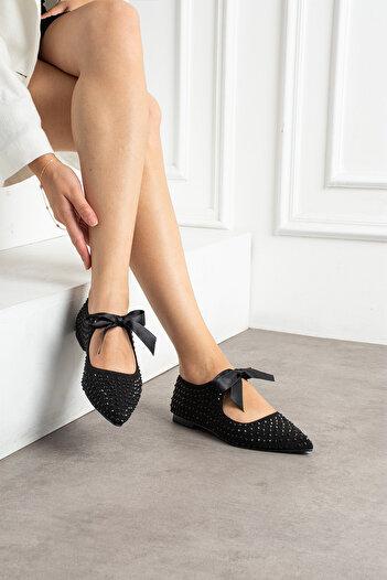DUXAL SHOES Nina Black Pointed Toe Women's Ballerinas with Stone Ribbon Detail