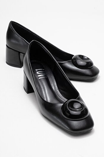 LuviShoes Mila Black Buckle Square Toe Women's Thick Heeled Shoes