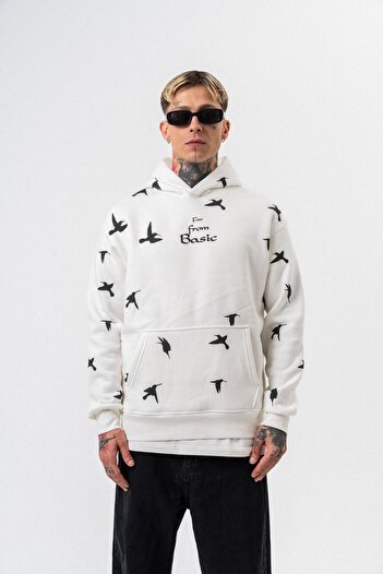 Respire Men's Far from Basic Printed Hooded Oversize Hoodie Ecru