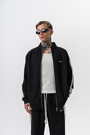 Respire Men's Stripe Detailed Stand Collar Doubleface Zip Oversize Sweatshirt Black