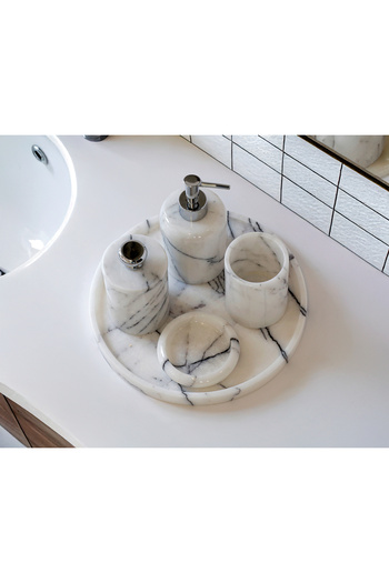 marbelix Valeria - 5 Piece Marble Bathroom Set - Liquid Soap Dispenser, Tray, Cotton Ball Holder, Toothbrush Holder, Solid Soap Holder