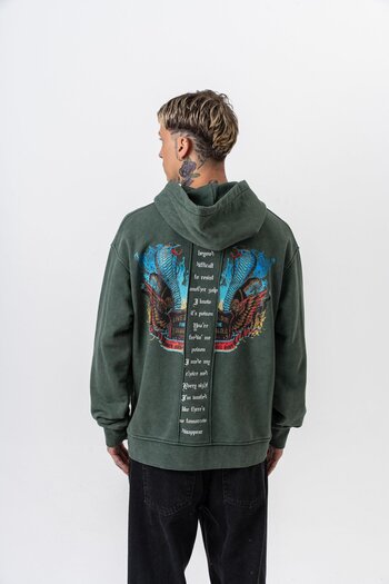 Respire Men's Snake Printed Washable Hooded Oversize Hoodie Green