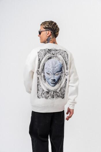 Respire Men's Indefinite Printed Crew Neck Oversize Sweatshirt Ecru