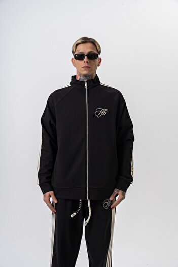 Respire Men's 3-Stripe Detailed Stand Collar Doubleface Zip Oversize Sweatshirt Black
