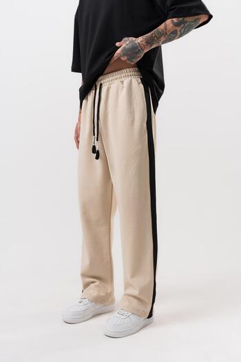 Respire Men's Single Stripe Detailed Interlock Baggy Sweatpants Beige