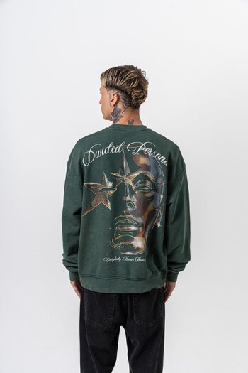 Respire Men's Divided Printed Washable Crew Neck Oversize Sweatshirt Green