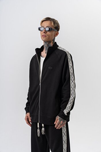 Respire Men's Damask Stripe Detailed Stand Collar Doubleface Zip Oversize Sweatshirt Black