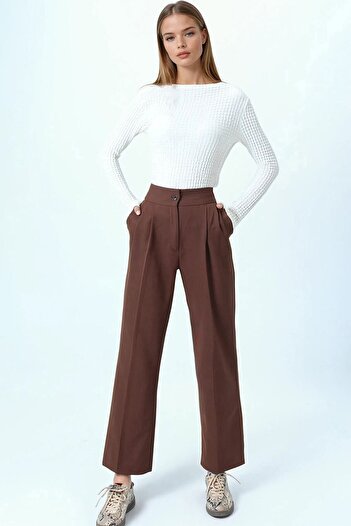 VAGGON Women's Brown Double Pocket Button Closure Palazzo Pants Vs01075
