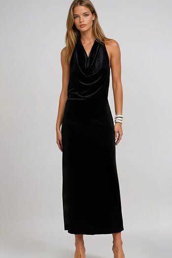 VAGGON Women's Black Backless Deep V-Neck Midi Dress Vs00967