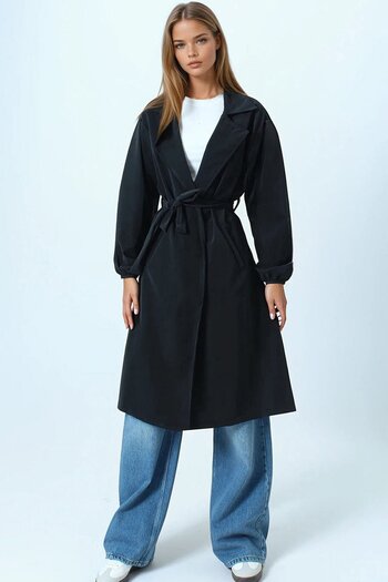VAGGON Women's Black Double-Breasted Collar Trench Coat with Tie and Elasticated Sleeves Vs01074